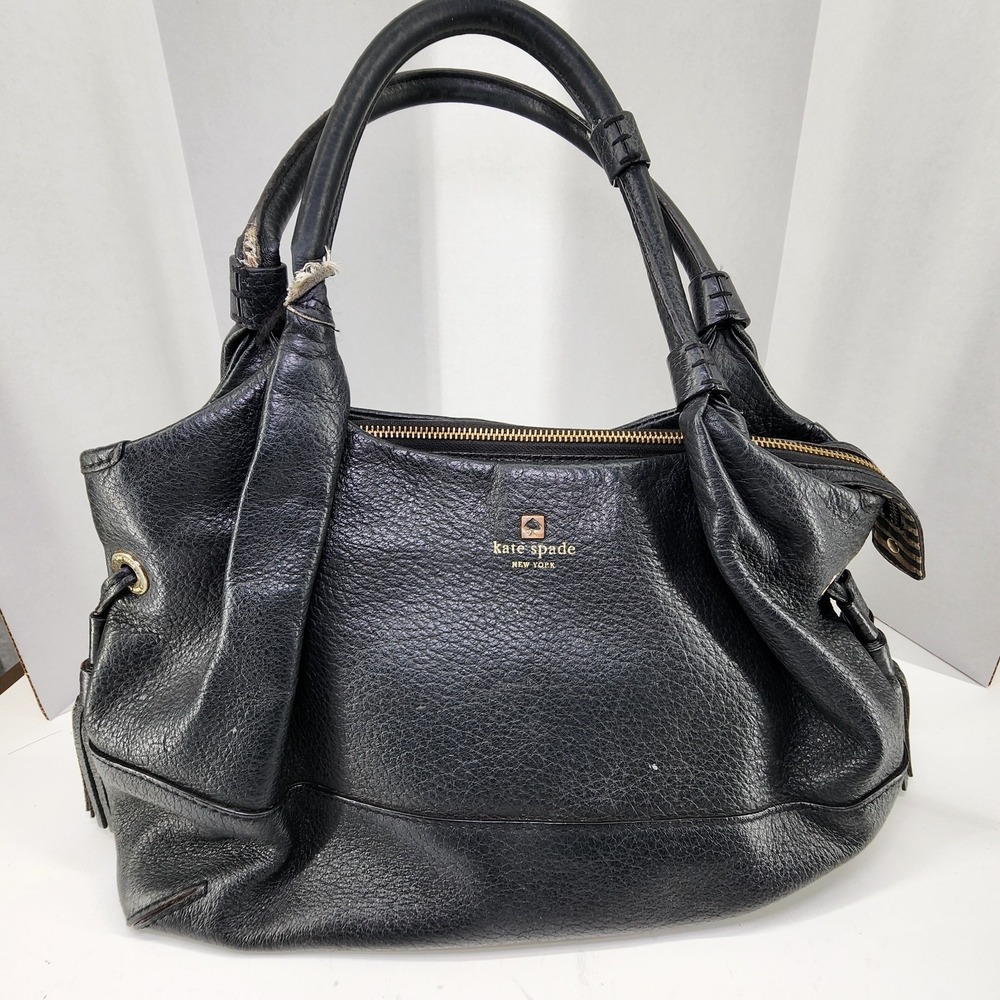 Kate Spade Black Leather Tassel Handbag Purse With Gold Tone Hardware EUC